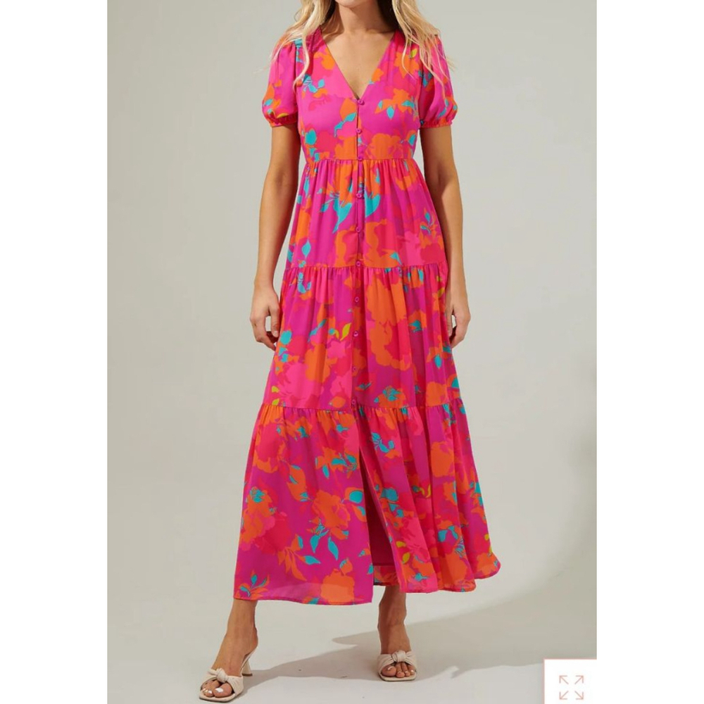 Women's Sugarlips Pink Orange Teal Floral Tiered Maxi Dress XS
